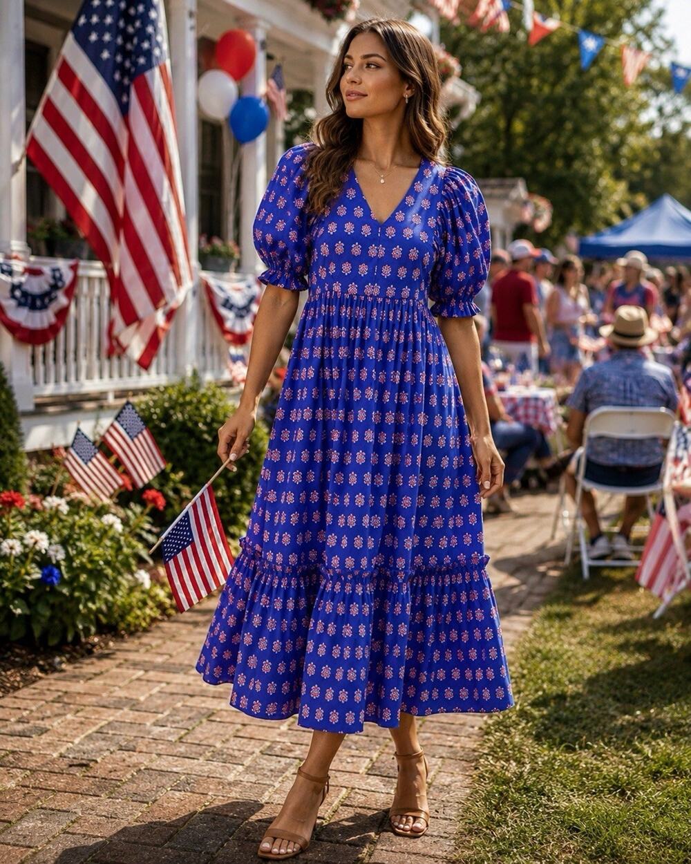Hunter Bell Palmer Dress Oxford Foulard Puff Sleeve Midi Blue Floral Retired XS